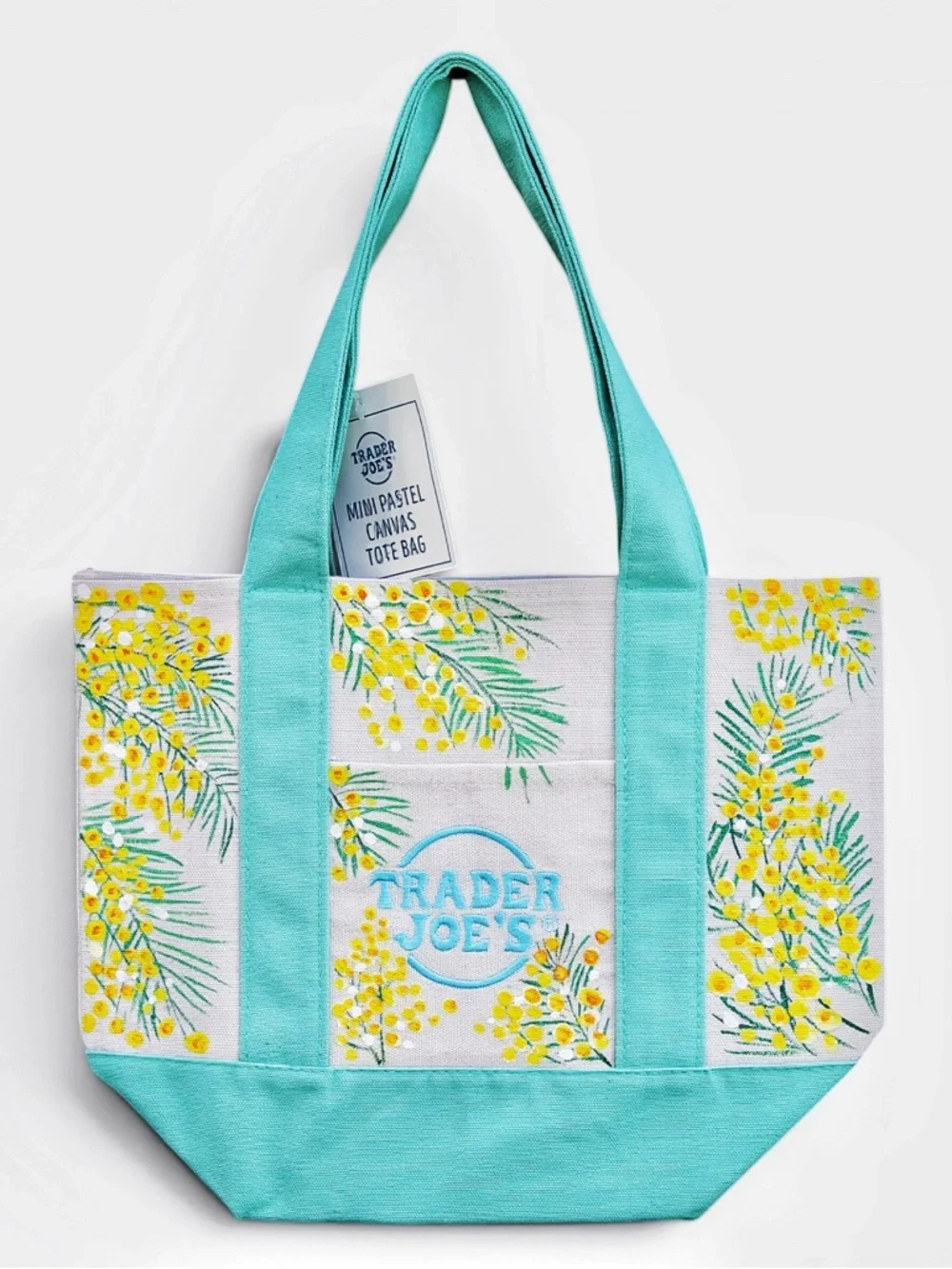 Hand Painted Trader Joe’s Mini‎ Pastel Canvas Tote Bag Mimosa Floral Teal Green